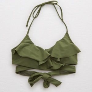 olive ruffle wrap swim top